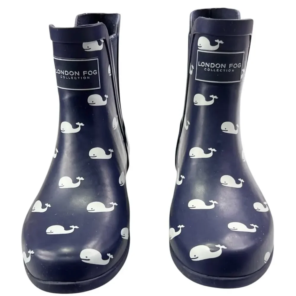 London Fog Waterproof Rain Boots 7 Chelsea Piccadilly Navy Blue Whale Nautical